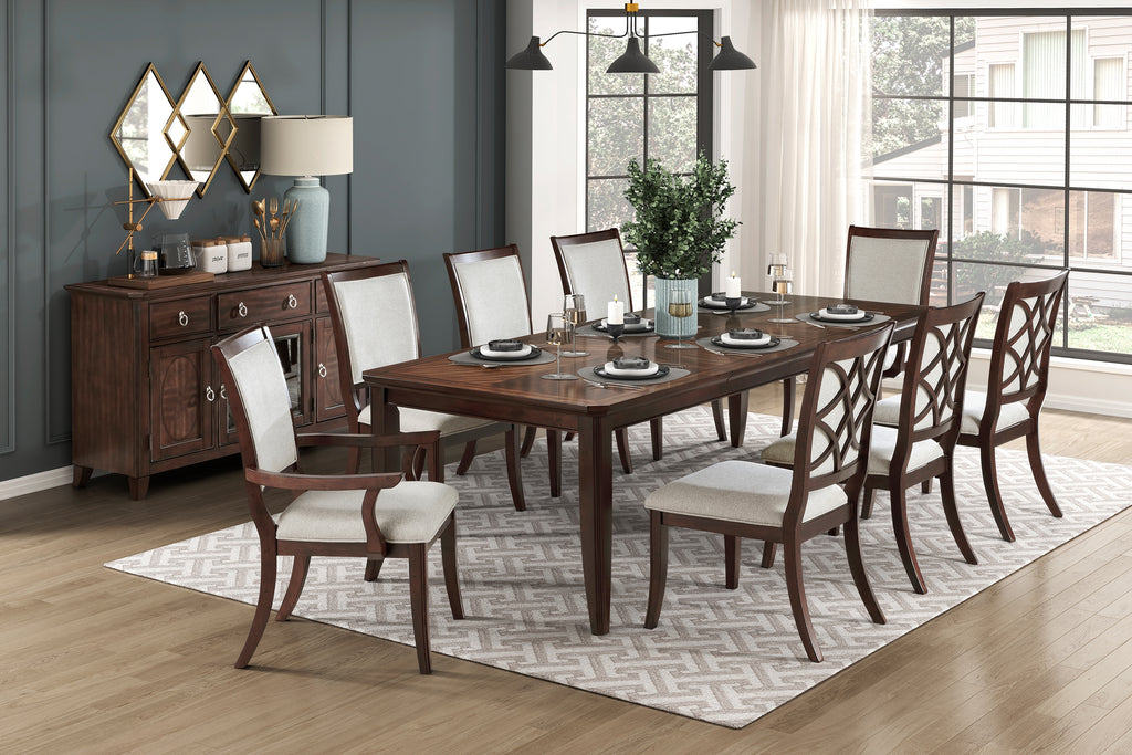 5962-7PC 7 pc Claymont cherry finish dark walnut inlay wood dining table set fabric seating