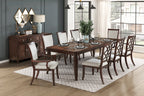 5962-7PC 7 pc Claymont cherry finish dark walnut inlay wood dining table set fabric seating