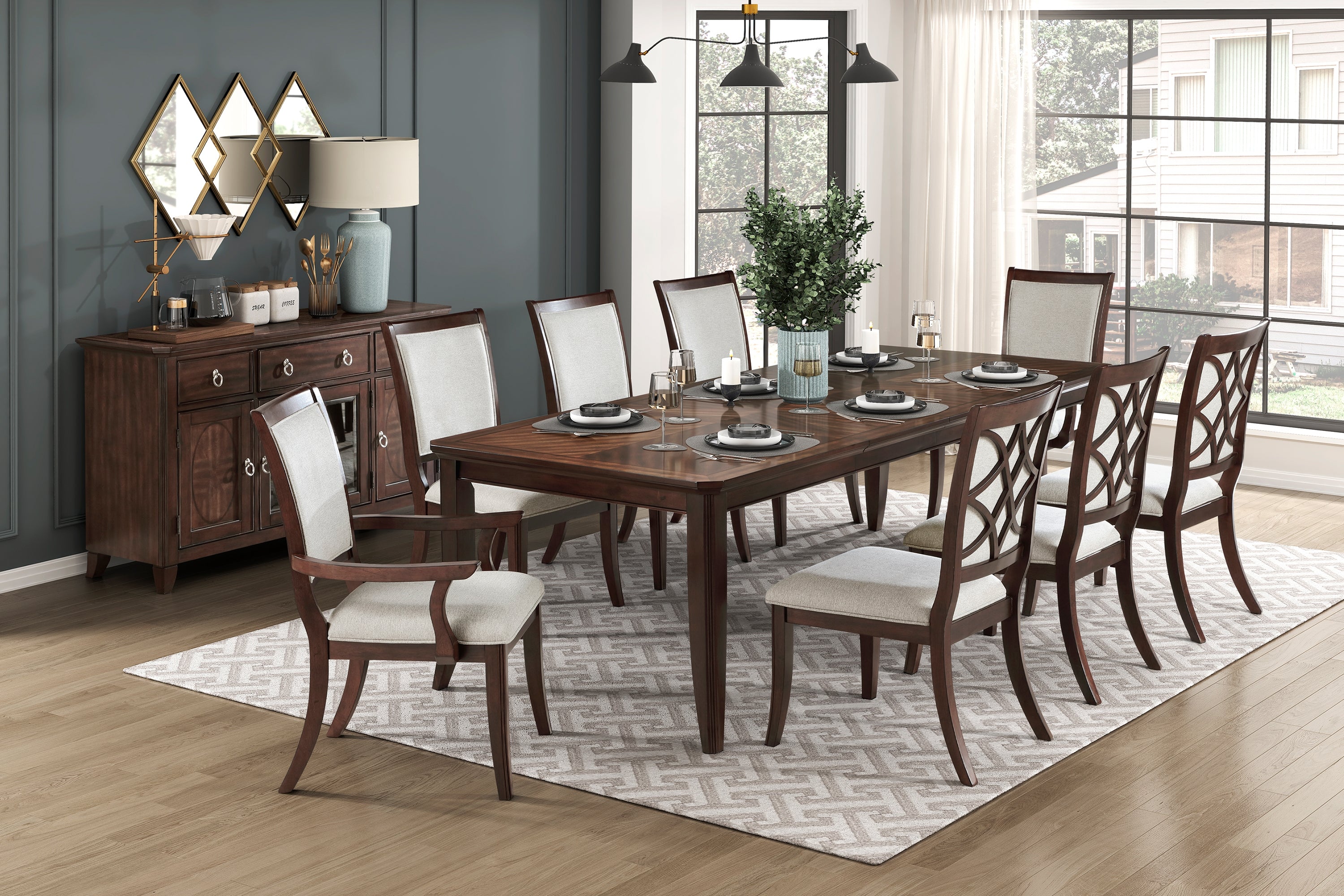 5962-7PC 7 pc Claymont cherry finish dark walnut inlay wood dining table set fabric seating