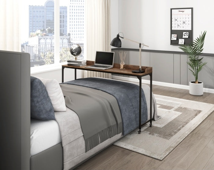 Homelegance 5963BR-22  Sumter 72" wide rustic brown finish wood black metal frame adjustable height over the bed desk