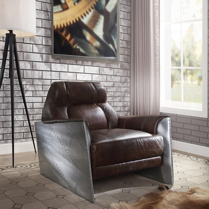 Acme 59715 Brancaster espresso top grain leather accent chair aluminum riveted design back