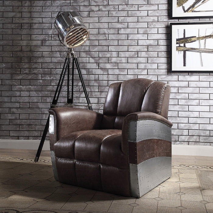 Acme 59716 Brancaster retro brown top grain leather accent chair aluminum riveted design back