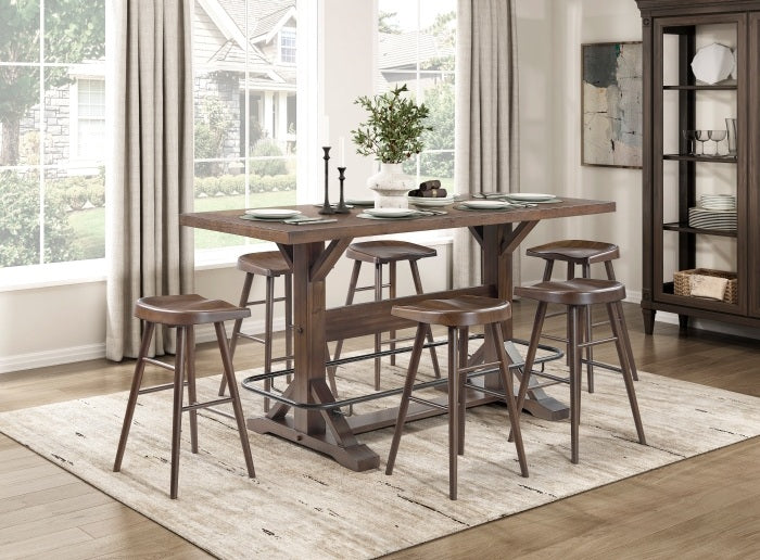 5979-42-7PC 7 pc Oliver brown finish wood farmhouse industrial style bar / pub height dining table set
