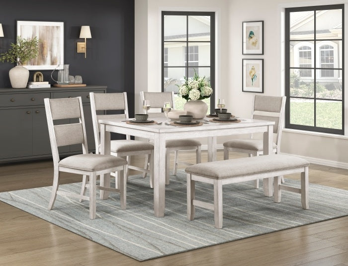 Homelegance 5982-60-6PC 6 pc Savile wire brushed antique white finish wood dining table set with bench