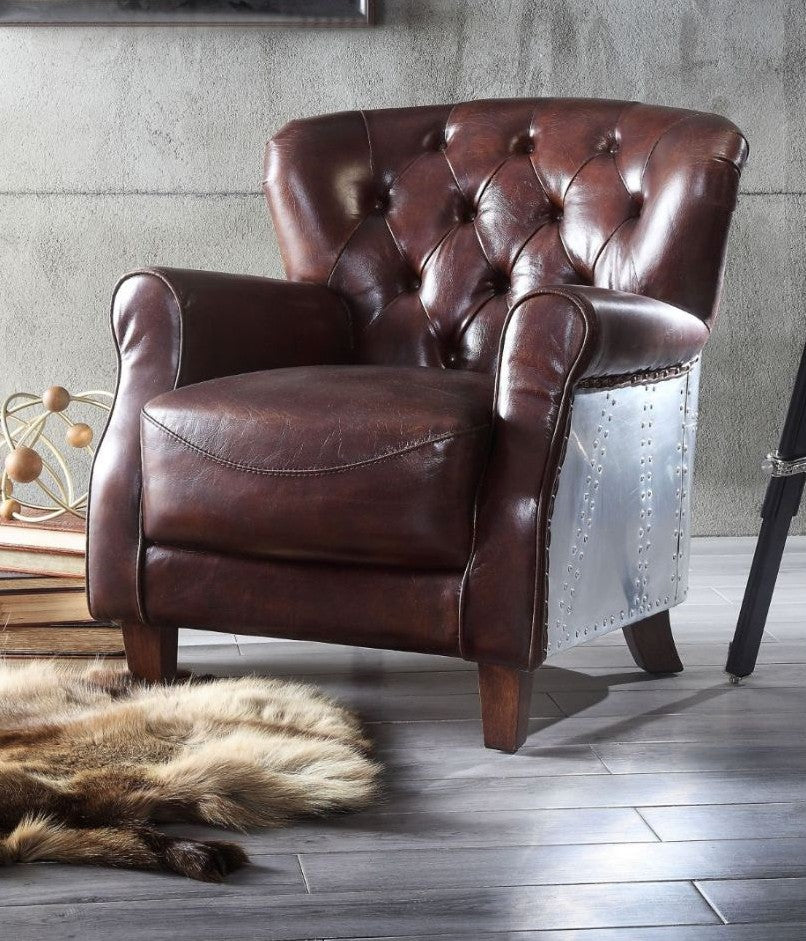 Acme 59830 Brancaster vintage brown top grain leather accent chair stainless steel trim