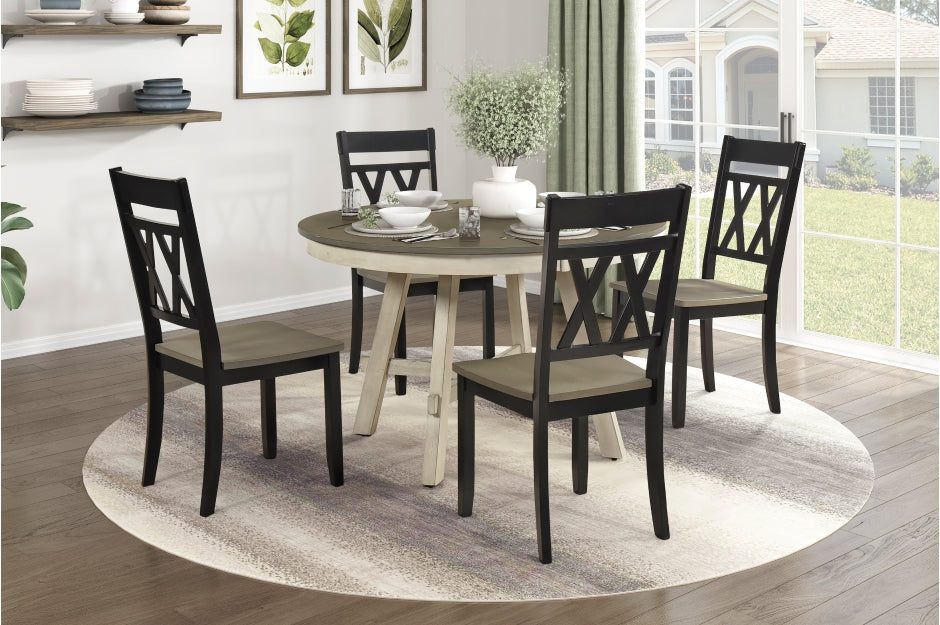 Homelegance 5985RD-5PCBLK 5 pc Ogden grey wash top and antique white finish wood 48" round dining table set black chairs