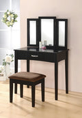 Driscoll 3-Piece Black Wood Bedroom Vanity Set with Tri-Fold Mirror & Upholstered Stool – 599-BK