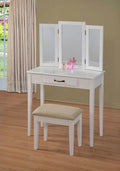 Driscoll 3-Piece White Wood Bedroom Vanity Set with Tri-Fold Mirror & Upholstered Stool – 599-WH