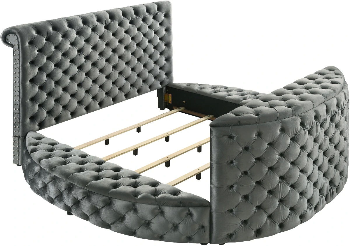 Crown Mark 5212GY Voltare grey velvet fabric tufted round queen storage bed with TV lift and built in LED Fireplace