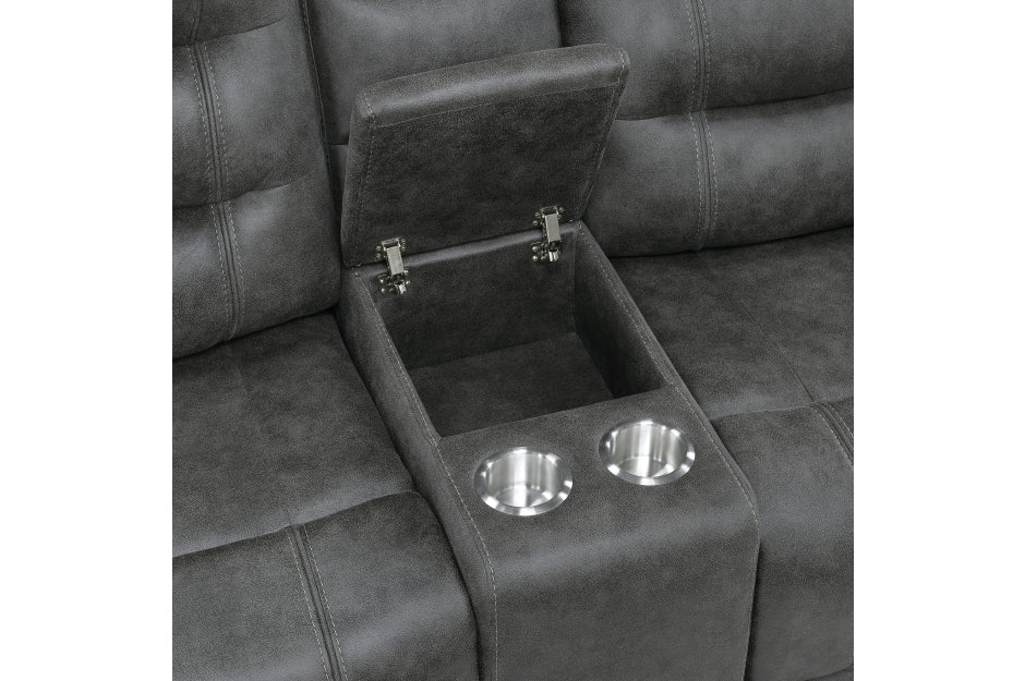 Homelegance 9634DGY-SL 2 pc Hazen dark grey polished microfiber fabric sofa and love seat set with recliner ends cup console