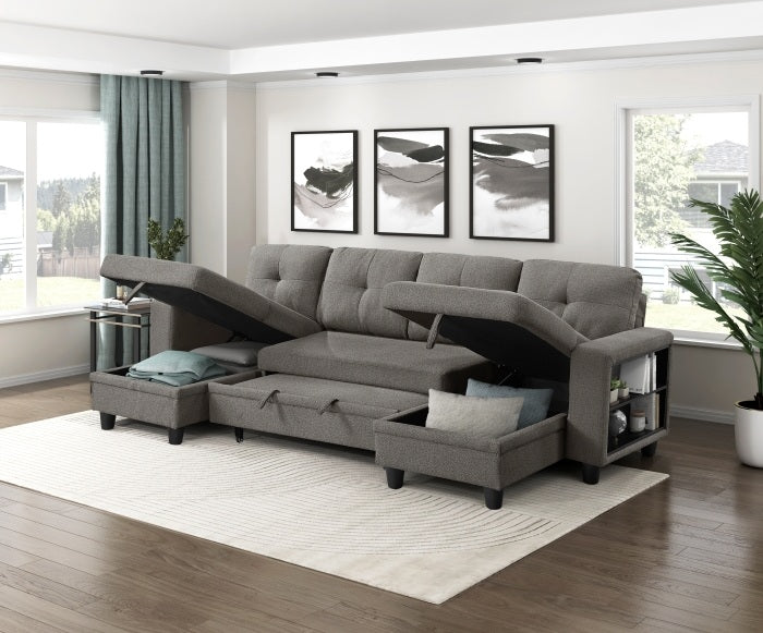 Homelegance 9705DB-42AVC 3 pc Morian dark brown boucle fabric double chaise sectional sofa storage chaises storage arms and pop up sleep area