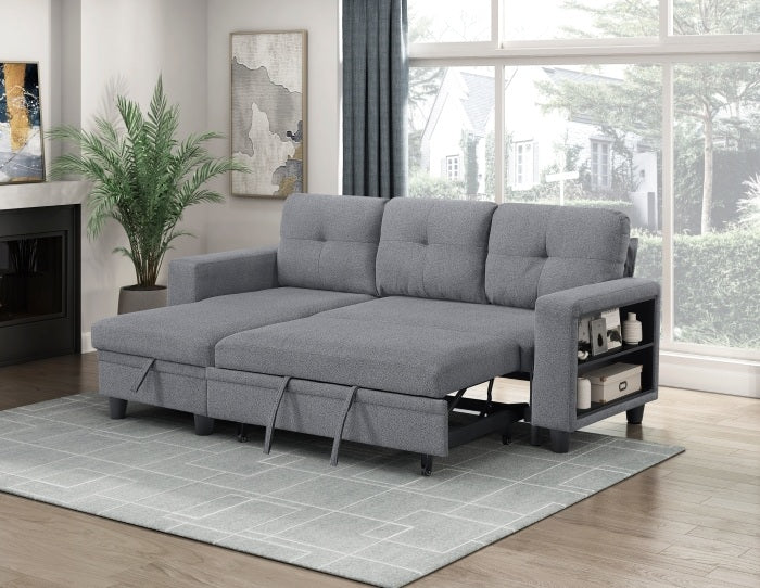 Homelegance 9705GY-32AVC 2 pc Morian grey boucle fabric sectional sofa reversible storage chaise storage arms and pop up sleep area