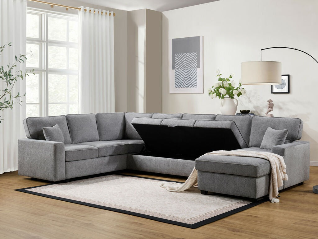 81620 3 pc Samara grey chenille fabric 137" sectional sofa set storage in love seat with chaise