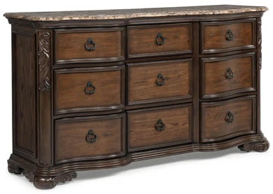 B1640 4 pc Ludwig rich brown finish wood padded upholstered nail head trim headboard bedroom set with marble tops