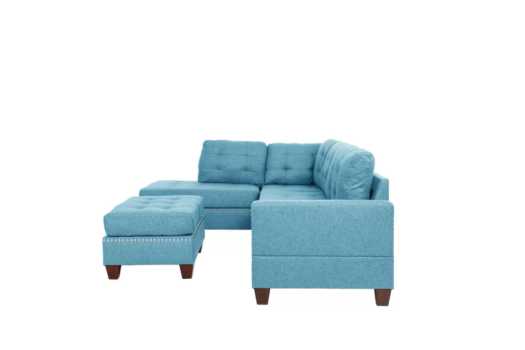 Poundex F6505 3 pc blue poly fiber fabric sectional sofa reversible chaise and ottoman nail head trim