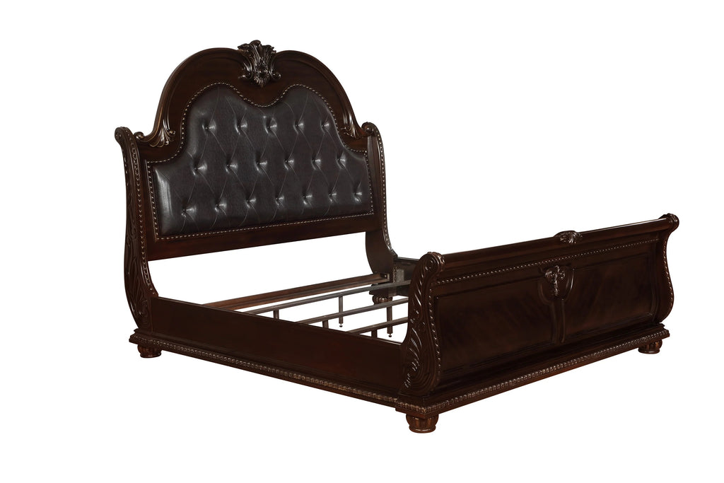 B1600 4 pc Stanley brown cherry finish wood faux leather tufted upholstered headboard sleigh style bedroom set with marble tops