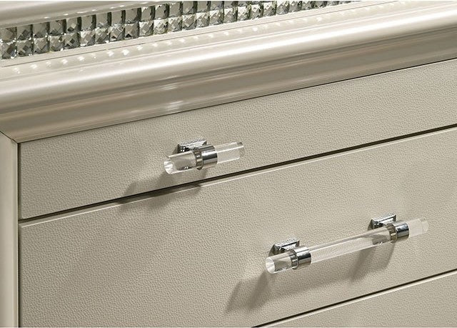 Adele 4 pc Adele pearl white finish wood faux leather upholstered headboard LED lighting queen bed set footboard drawers