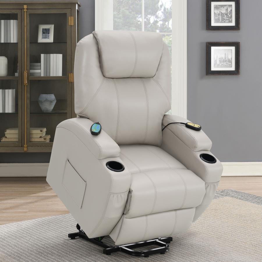 Coaster 600497P Sanger champagne leatherette power lift recliner chair with heat and massage 300 lb capacity