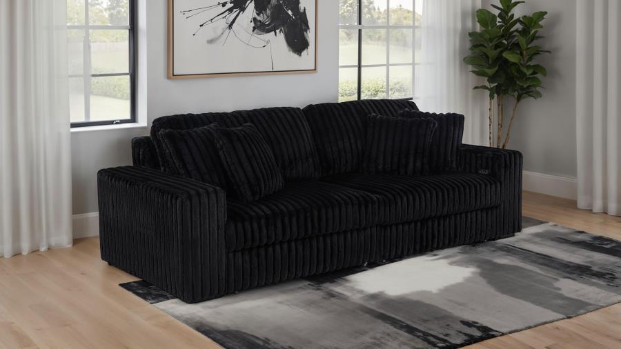 Coaster 600537P Jacana black wide corduroy fabric double power chaise 108" sofa with USB