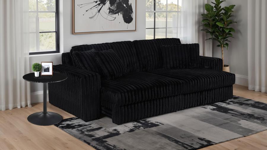 Coaster 600537P Jacana black wide corduroy fabric double power chaise 108" sofa with USB