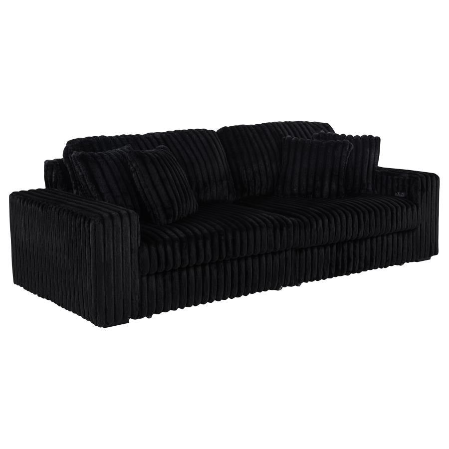 Coaster 600537P Jacana black wide corduroy fabric double power chaise 108" sofa with USB