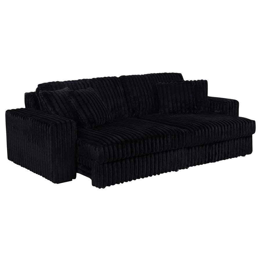 Coaster 600537P Jacana black wide corduroy fabric double power chaise 108" sofa with USB