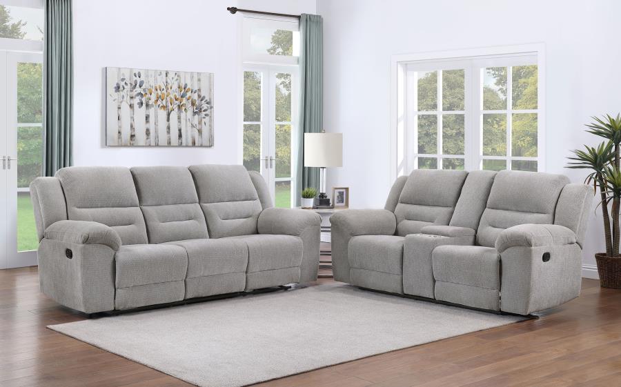 Coaster 602551-S2 2 pc Gilson grey chenille fabric reclining sofa and love seat set with cup console