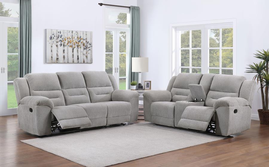 Coaster 602551-S2 2 pc Gilson grey chenille fabric reclining sofa and love seat set with cup console