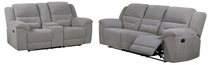 Coaster 602551-S2 2 pc Gilson grey chenille fabric reclining sofa and love seat set with cup console