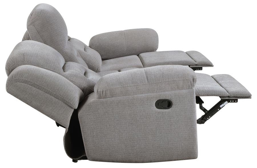 Coaster 602551-S2 2 pc Gilson grey chenille fabric reclining sofa and love seat set with cup console