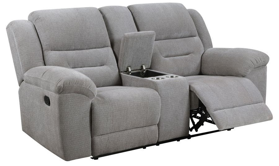 Coaster 602551-S2 2 pc Gilson grey chenille fabric reclining sofa and love seat set with cup console