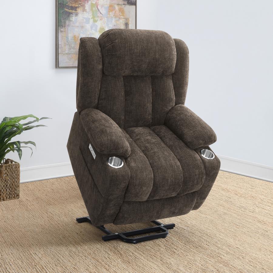 Coaster 603233P Houston dark brown chenille power lift recliner chair 300 lb capacity