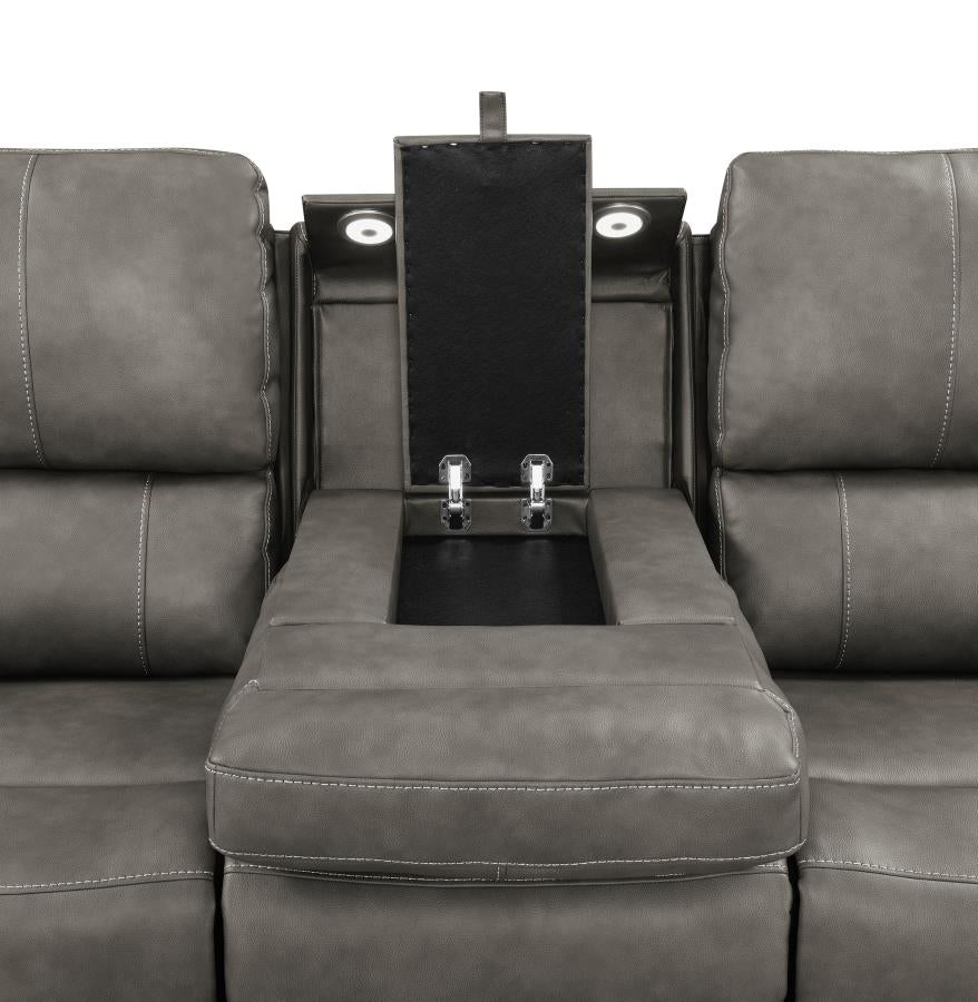 Coaster 603431PPP-S2 2 pc Brickston charcoal grey faux leather power recliners and headrests sofa and love seat set storage and USB