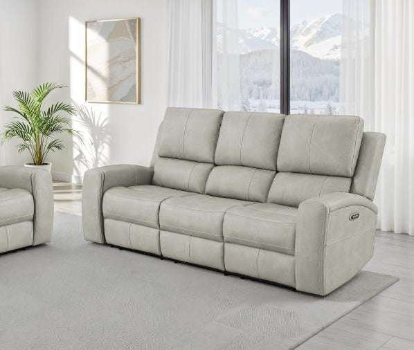 Coaster 603434PPP-S2 2 pc Brickston light grey faux leather power recliners and headrests sofa and love seat set storage and USB