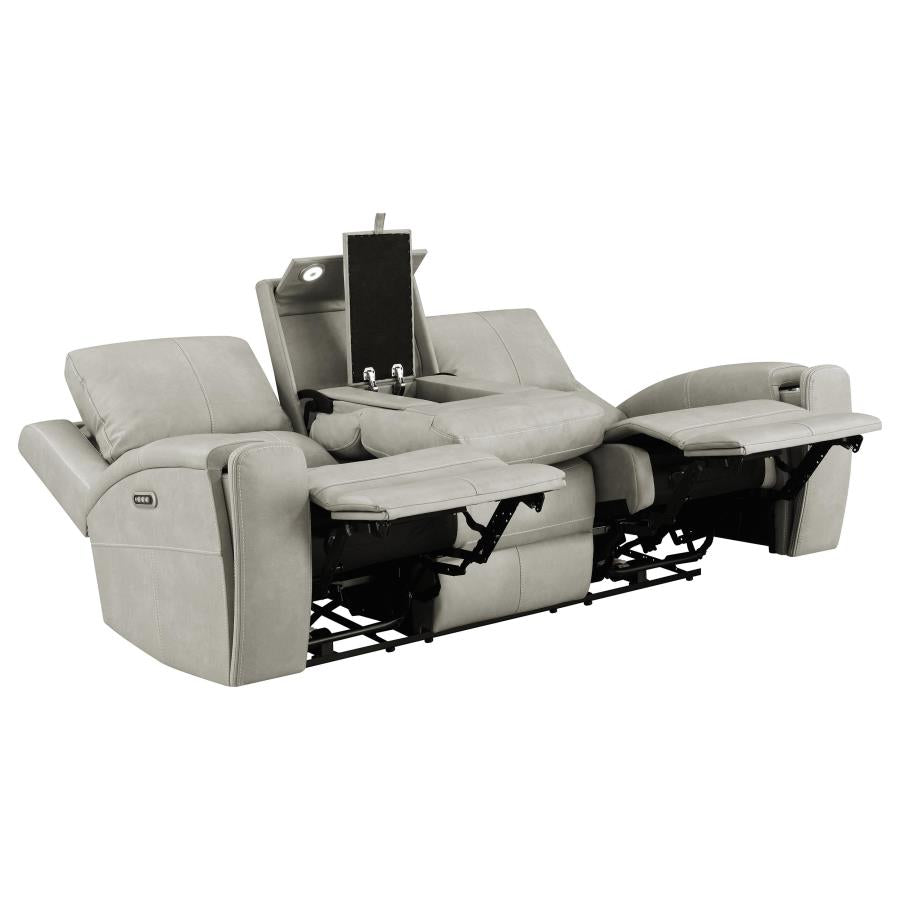 Coaster 603434PPP-S2 2 pc Brickston light grey faux leather power recliners and headrests sofa and love seat set storage and USB