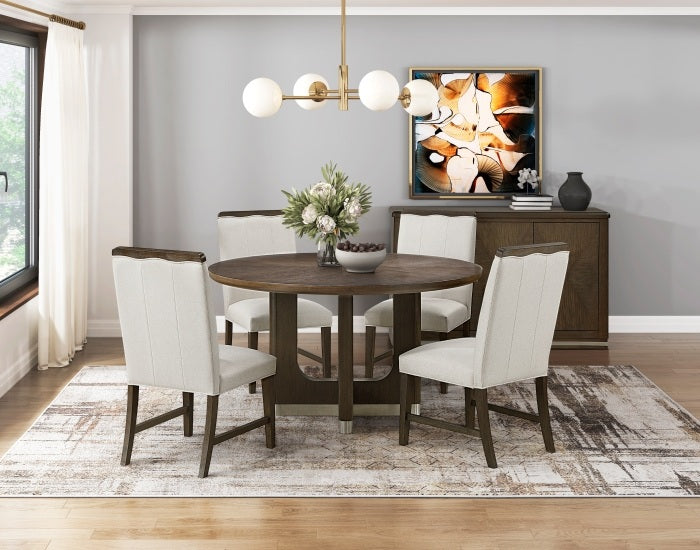Clara Wire Brushed Brown Finish Wood 5-Piece Round Dining Table Set with Silver Tipped Pedestal Base – 6066-54-5PC