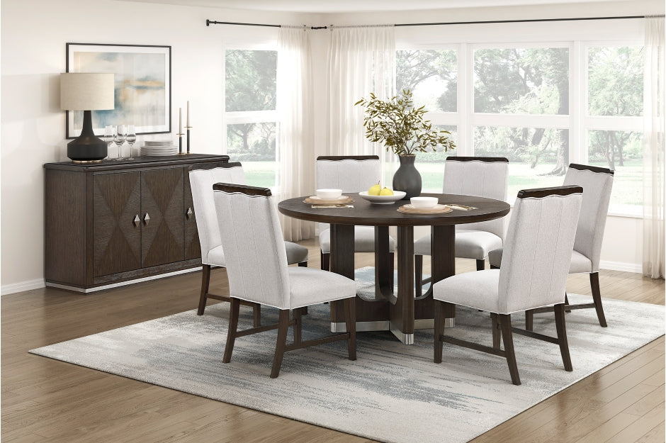 Clara Wire Brushed Brown Finish Wood 5-Piece Round Dining Table Set with Silver Tipped Pedestal Base – 6066-54-5PC