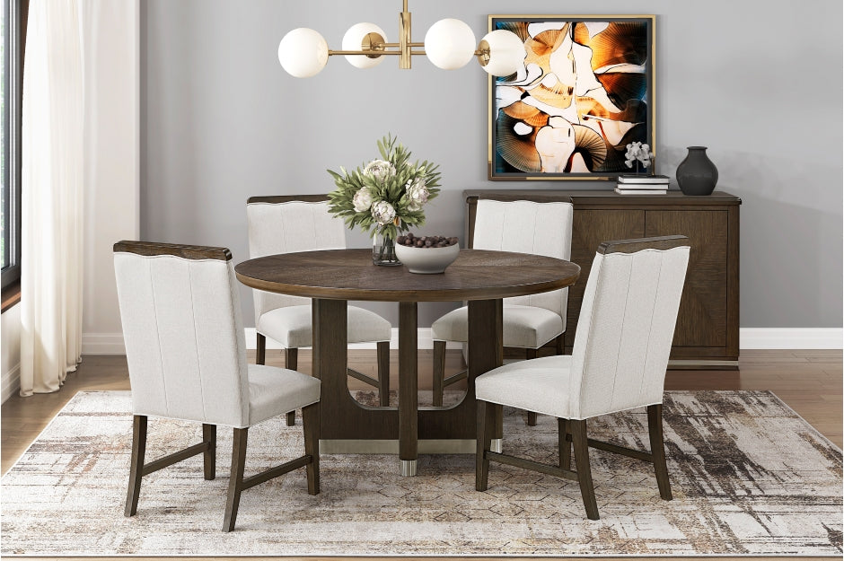 Homelegance 6066-54-5PC 5 pc Clara wire brushed brown finish wood 54" round dining table set silver tipped pedestal base