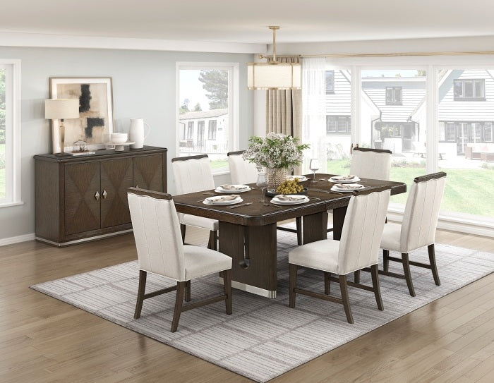 Homelegance 6066-84-7PC 7 pc Clara wire brushed brown finish wood dining table set silver tipped pedestal bases