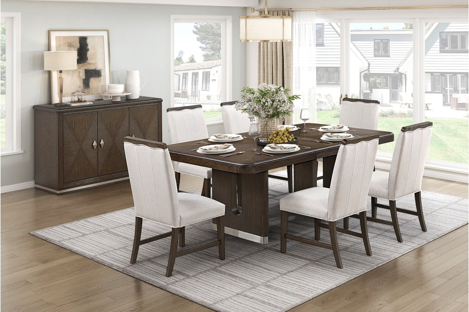 Homelegance 6066-84-7PC 7 pc Clara wire brushed brown finish wood dining table set silver tipped pedestal bases