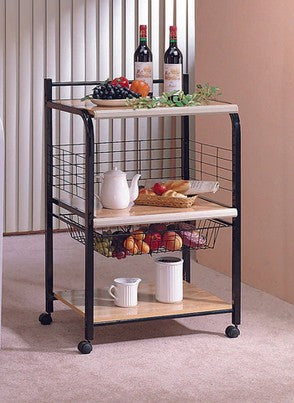 Asia Direct 608-BK Wade logan frystown black finish metal frame natural finish wood shelves with basket microwave cart rack