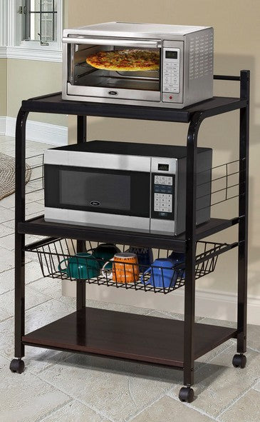 Asia Direct 608-ESP Wade logan frystown black finish metal frame espresso finish wood shelves with basket microwave cart rack