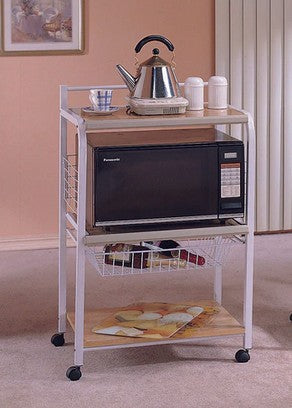 Asia Direct 608-WH Wade logan frystown white finish metal frame natural finish wood shelves with basket microwave cart rack