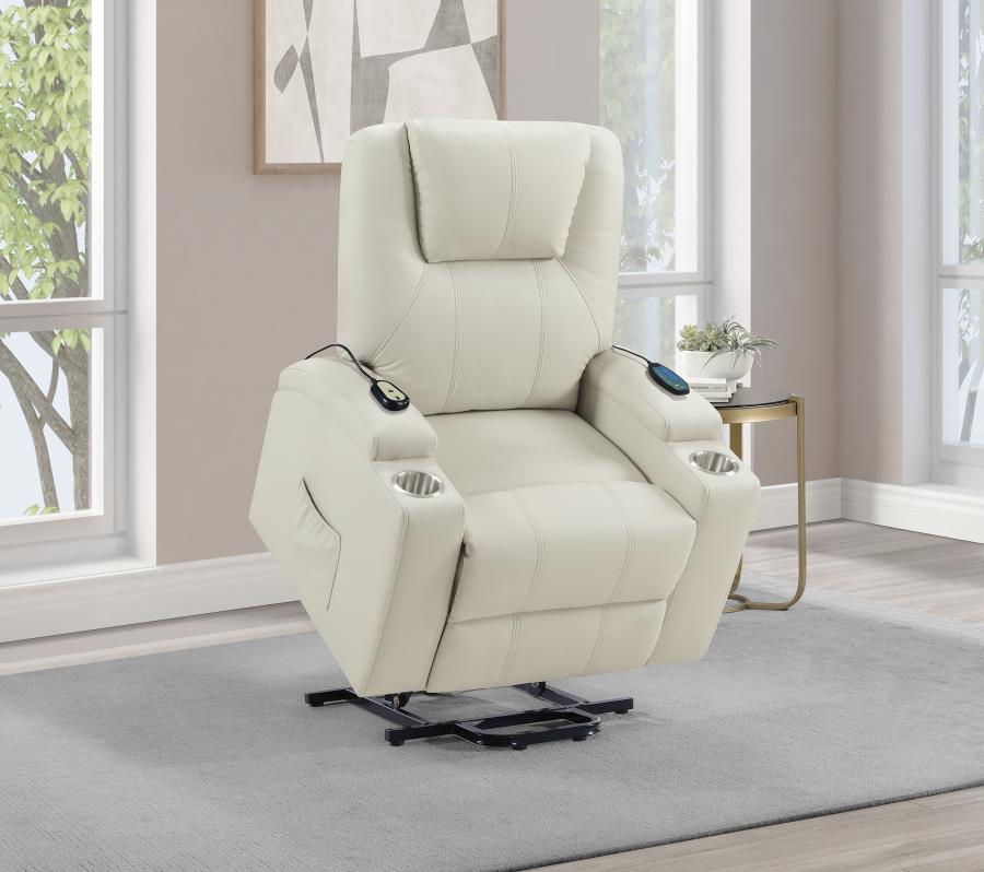 Coaster Armstrong Ivory Leatherette Power Lift Recliner Chair with Heat and Massage – 609477P