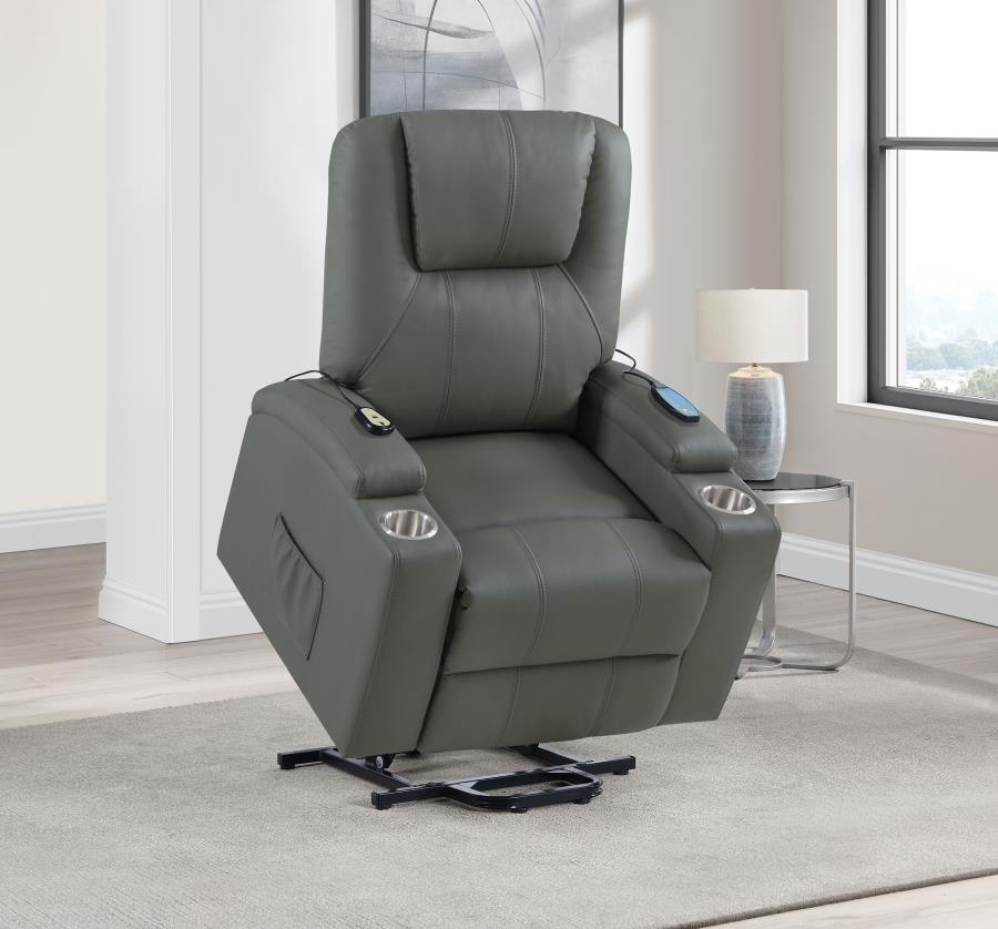 Coaster Armstrong Grey Leatherette Power Lift Recliner Chair with Heat and Massage – 609478P