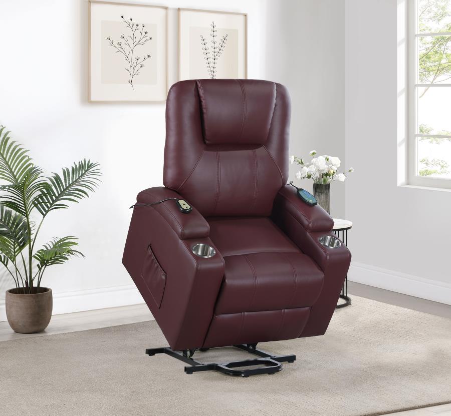 Coaster 609479P Armstrong wine leatherette power lift recliner chair with heat and massage 300 lb capacity
