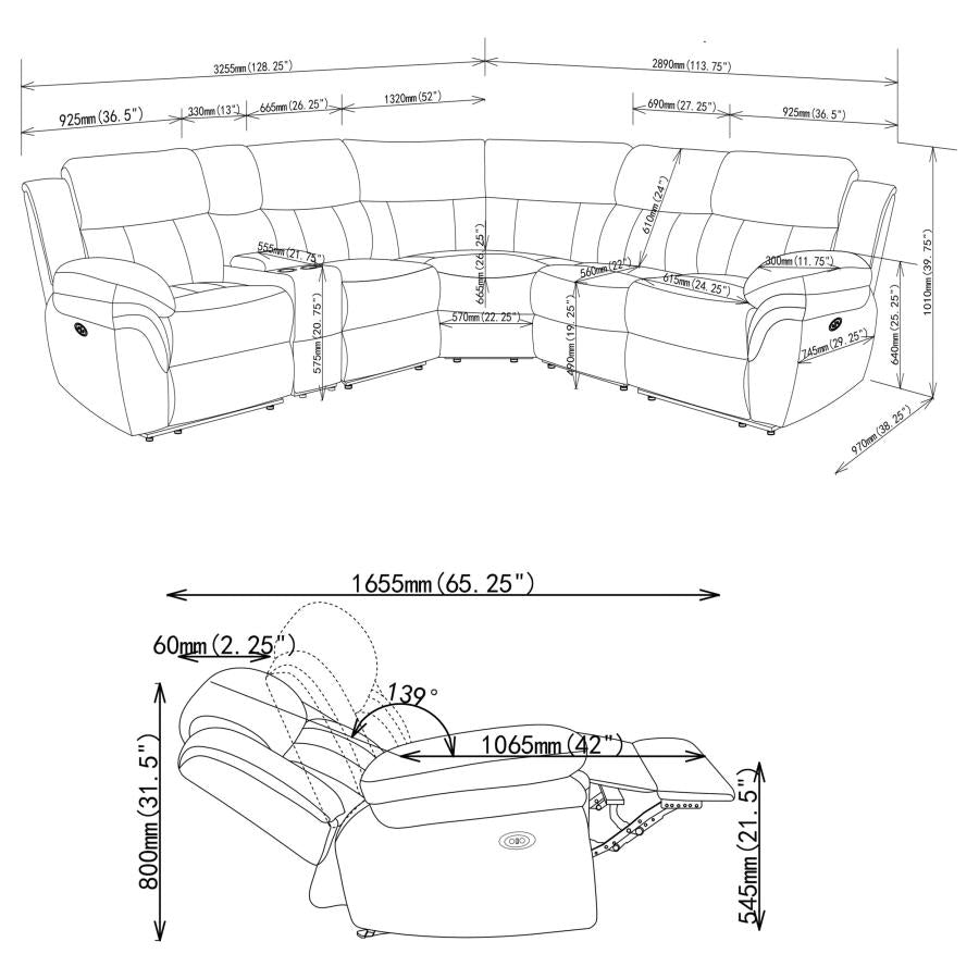 Coaster 609540P 6 pc Latitude run Bahrain charcoal chenille sectional sofa set with power recliners