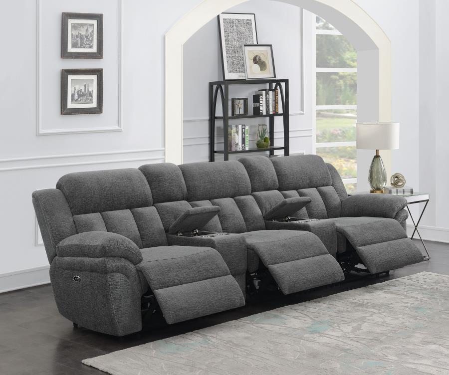 Coaster 609541PT 5 pc Latitude run Bahrain charcoal chenille theater sectional sofa set with power recliners