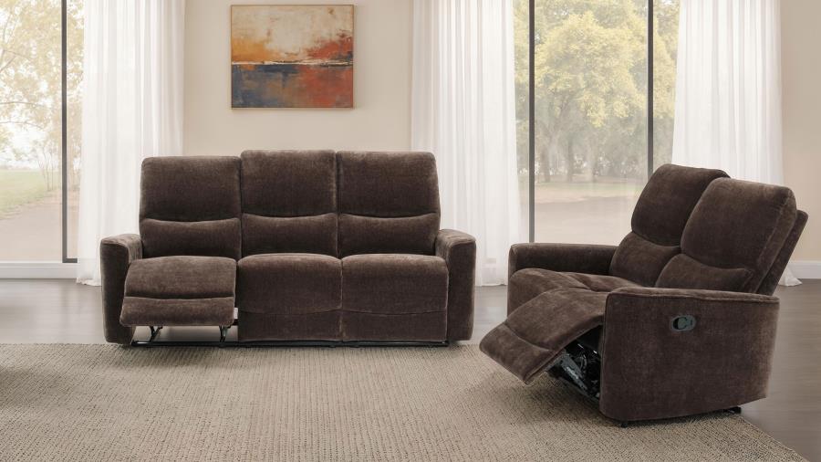 Coaster 609571-S2 2 pc Navarro dark brown chenille fabric sofa and love seat set recliner ends