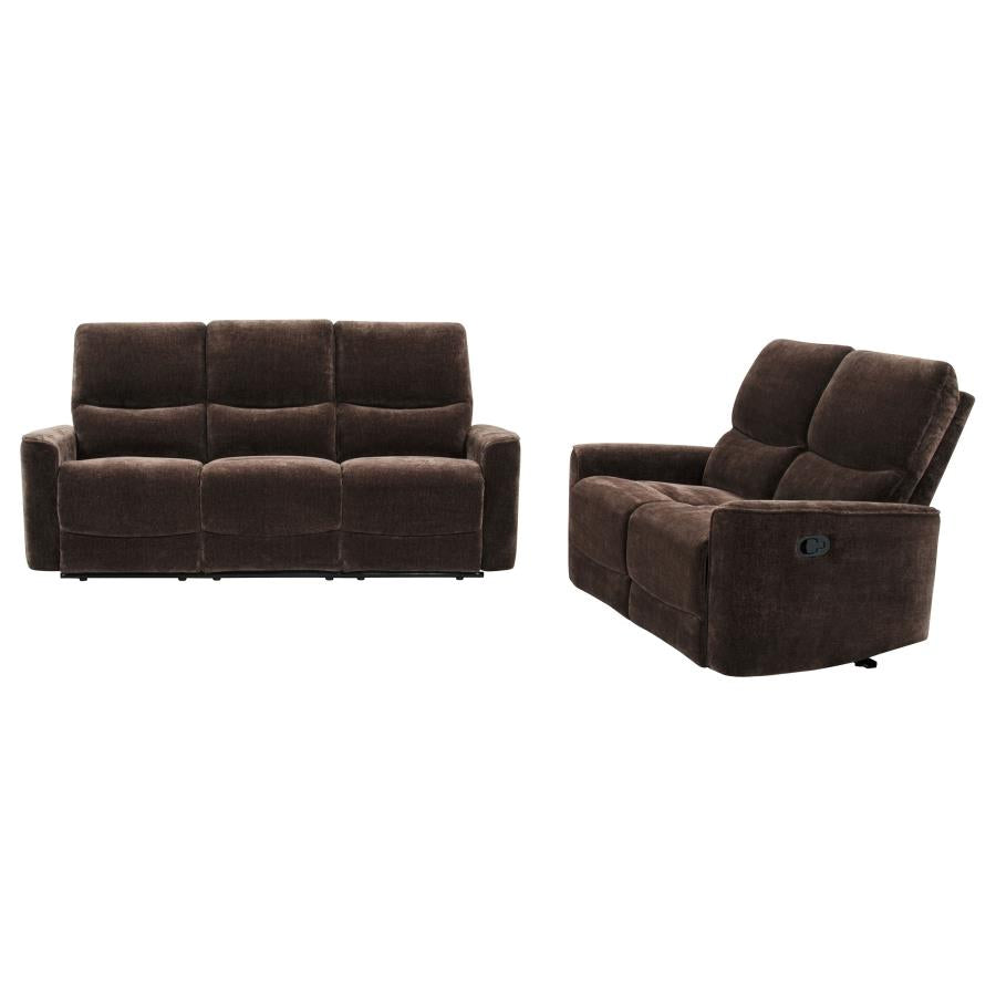 Coaster 609571-S2 2 pc Navarro dark brown chenille fabric sofa and love seat set recliner ends